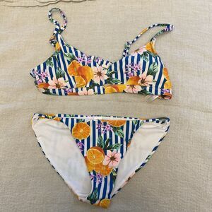 Tropical Bikini Set Top L 11-13 Bottoms M 7-9 Citrus Spaghetti Strap Beach Swim